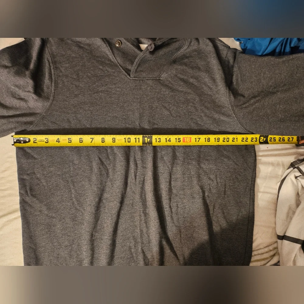 Old Navy shawl‎ collar pullover sweatshirt in a heathered charcoal gray.